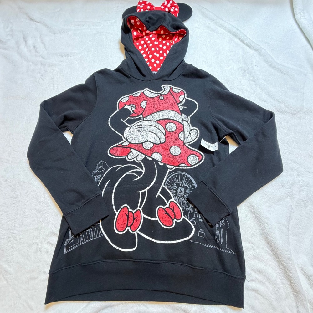 Official Disney Parks Authentic Minnie Mouse Med Hoodie Sweatshirt NWT Black Bow
